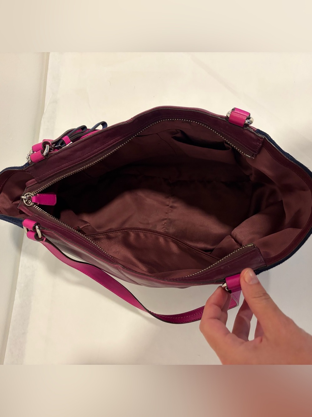 Coach #F24693 Colorblock Leather Tote Bag in Fuchsia, Burgundy & Navy - Picture 7 of 16